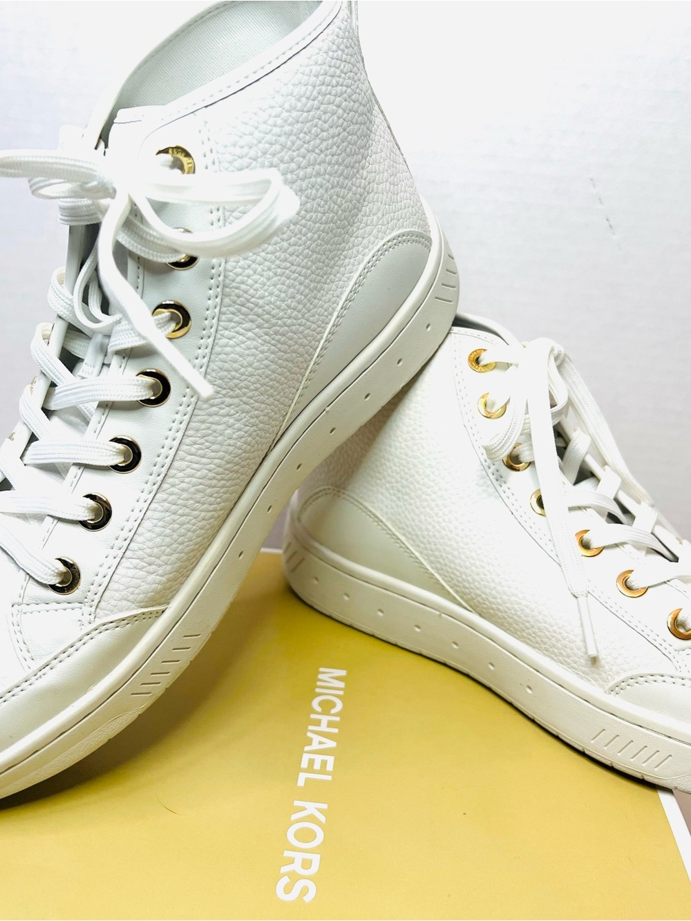 Michael Kors White Leather High-Top Sneakers with Gold Eyelets